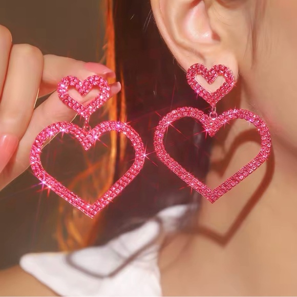 Heart Pink Rhinestones Earrings - Picture 1 of 1